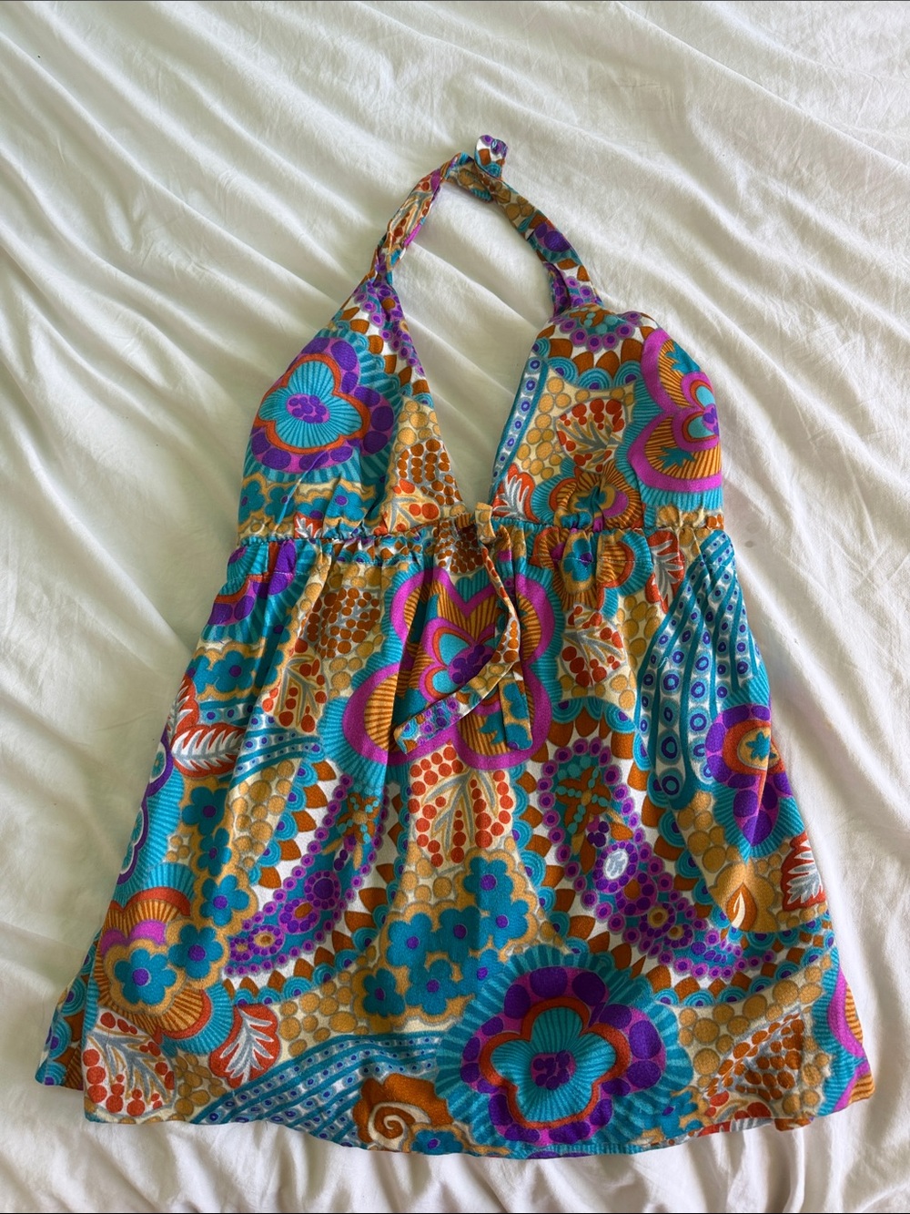 Bright Floral Halter Sundress in Teal, Purple & Orange
